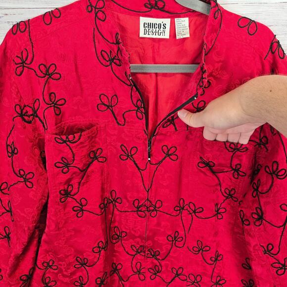 Chico's Red 100% Silk Jacket Black Embroidery Size 3 (XL) Asian Inspired Print - Picture 3 of 10